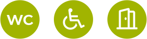 ikony wc, wózek inwalidzki i drzwi